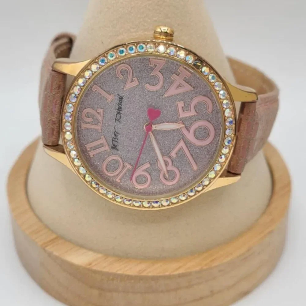 Betsey Johnson Rose Gold Tone Glitter Watch with Leather Strap RUNNING